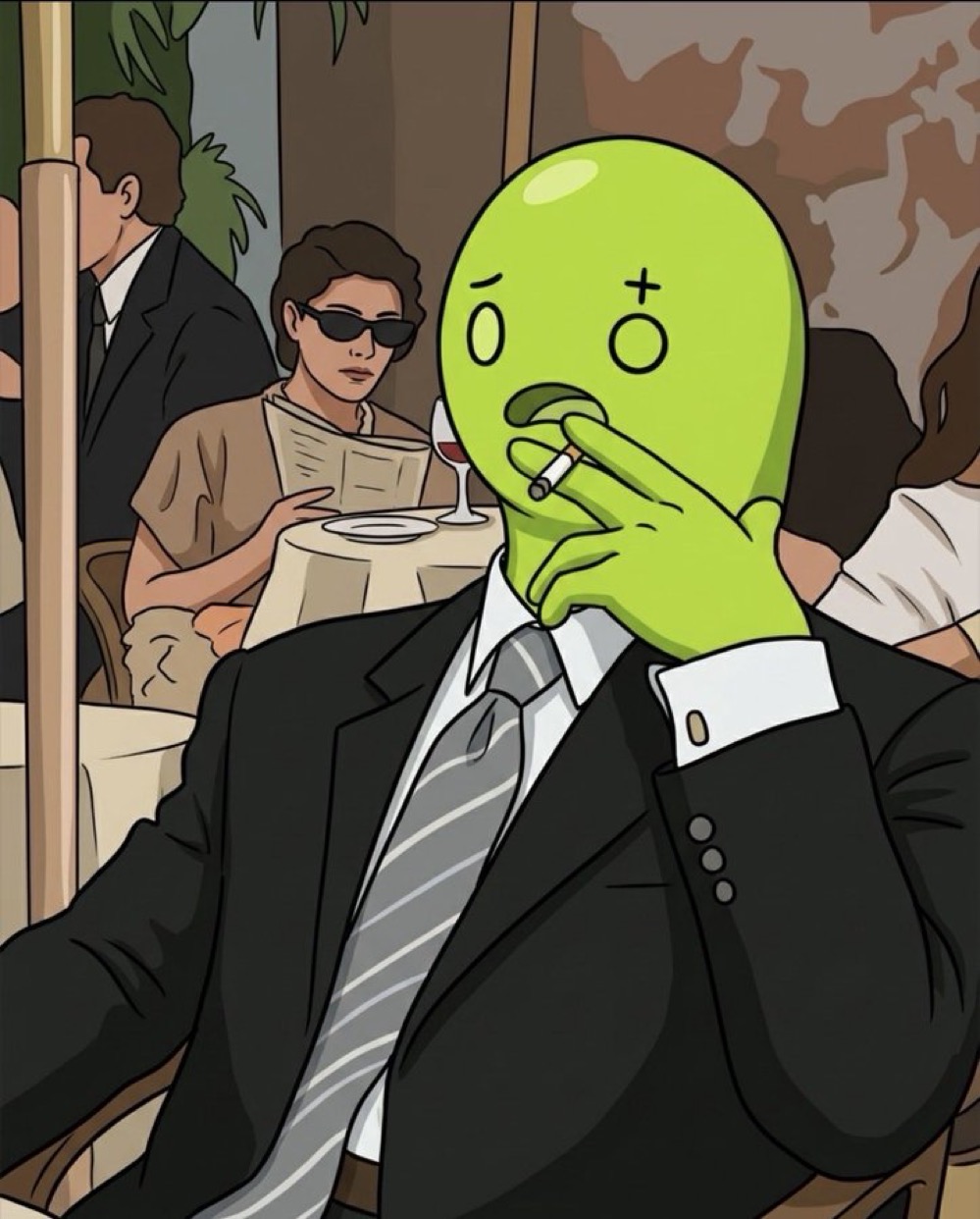 LockInTwin mascot in a suit staying locked in at a cafe
